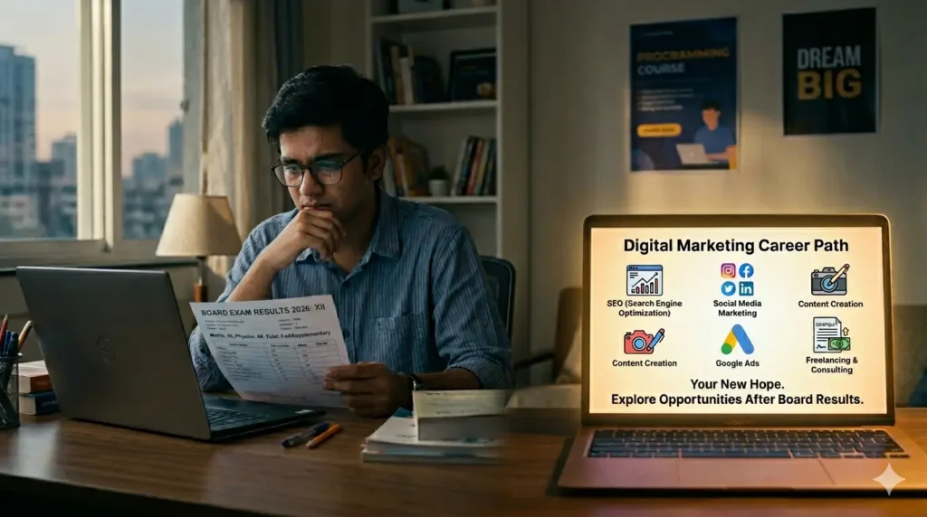 This Image Shows Student exploring Digital Marketing Career After Board Results after feeling disappointed with low exam marks